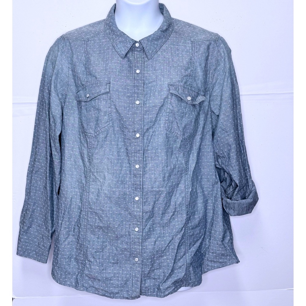Cotton Button Down Pearl Snap Buttons 28 Chambray Dobby Roll Tab‎ Shirt Western